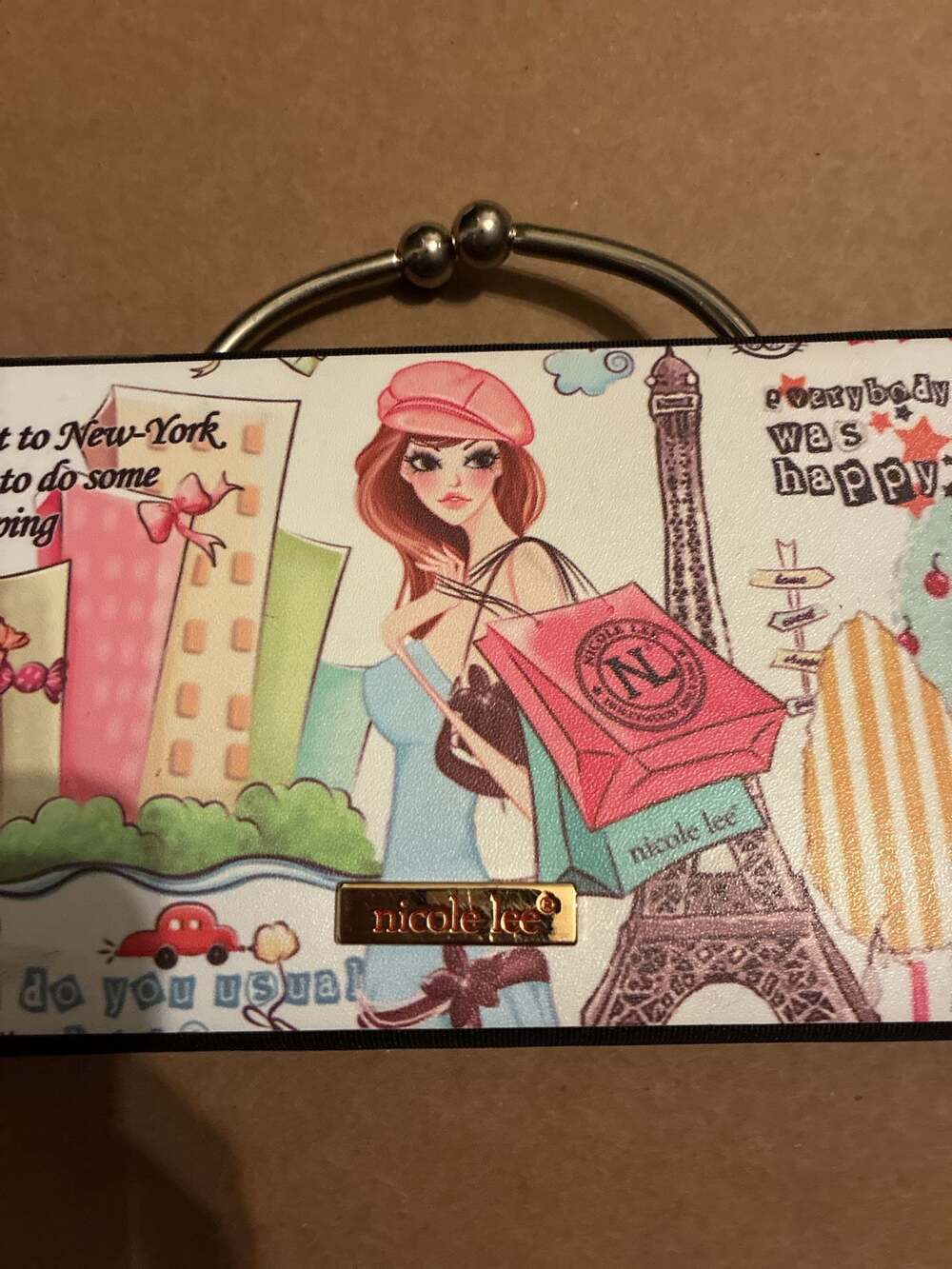 Nicole Lee NYC Shopping Print Rectangular Metal Clutch Handbag - Picture 2 of 5